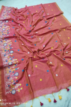 Premium Quality Orange Color Handloom Handwoven Cotton Sarees With Floral Border