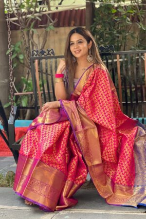 Premium Quality Banarasi  Weaving Silk Saree With Pure Zari and Contrast Wooven Pallu
