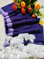 Premium Quality Pure 120 Count Violet Mal Cotton Saree With Over Sized Pom Pom