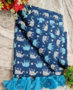 Premium Quality Exclusive Traditional Blue Printed  Handloom Cotton Saree