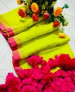 Premium Quality Pure 120 Count Green Mal Cotton Saree With Over Sized Pom Pom