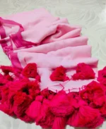 Premium Quality Pure 120 Count Light Pink Mal Cotton Saree With Over Sized Pom Pom
