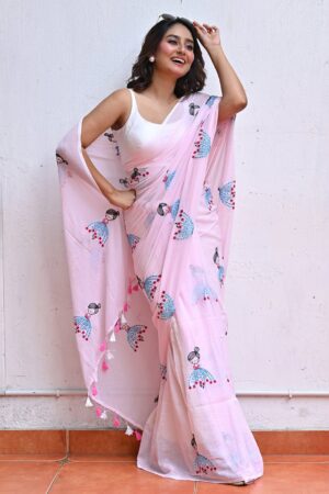 Premium Quality 120 Count Mulmul Cotton Baby Pink Saree With Doll Woven Design