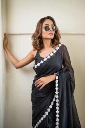 Premium Quality Pure 120 Count Mulmul Cotton Handloom Saree(Black)