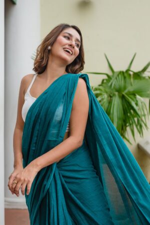 Premium Quality Pure 120 Count Mulmul Cotton Aqua Blue Plain Saree