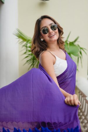 Premium Quality Pure 120 Count Mulmul Cotton Violet Saree With Pom Pom Pallu