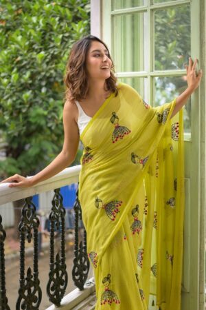 Premium Quality 120 Count Mulmul Cotton Neon Green Saree With Handwoven Design