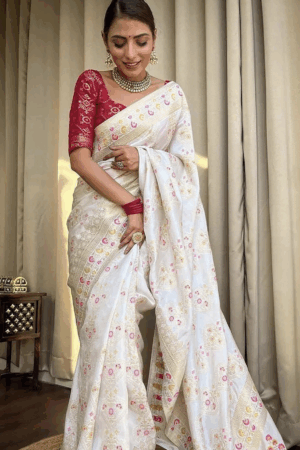 Premium Quality Exclusive Traditional White & Pink Banarasi Silk Saree