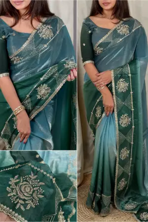 Fandy satin 3D pedding pattern Zari Embroidered Savroski work in saree & blouse